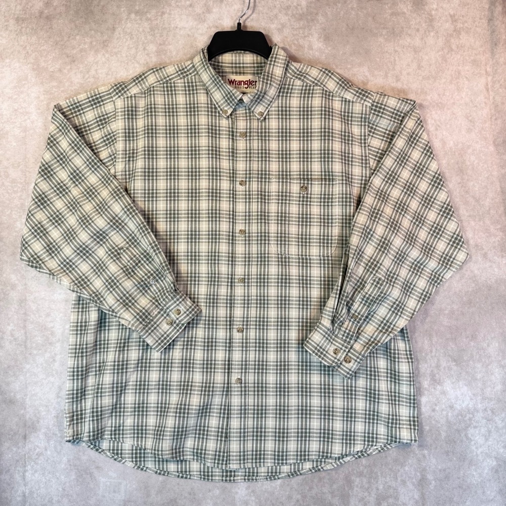 Wrangler Shirt Men XL Green Plaid Long Sleeve Button Rugged Work Wear Outdoor
